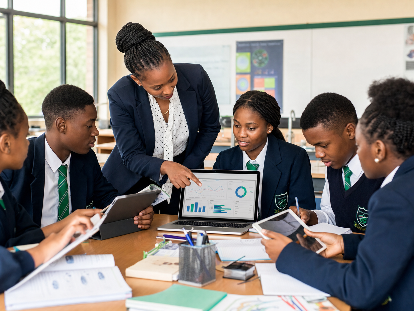 Students and teacher reviewing school learning operations