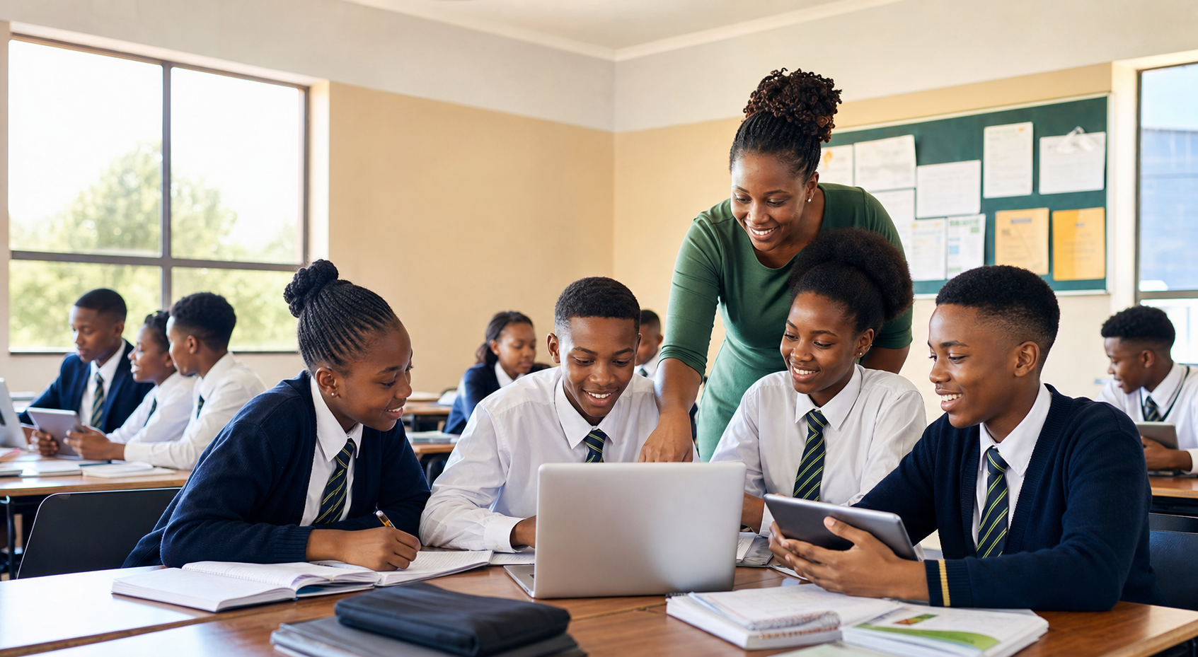 Students using a laptop with a teacher in a classroom
